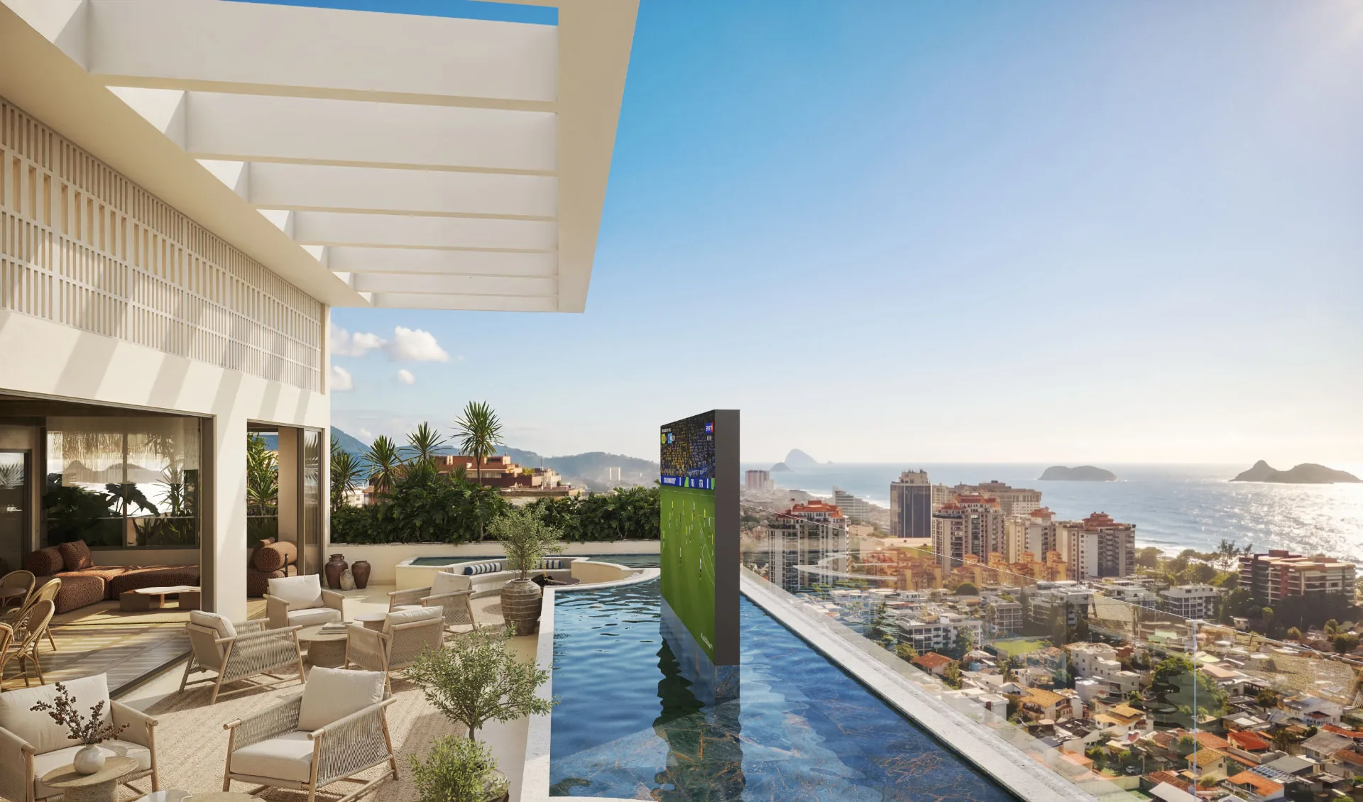 Terraço rooftop do Kronos by Tegra com piscina e vista para o mar da Barra da Tijuca