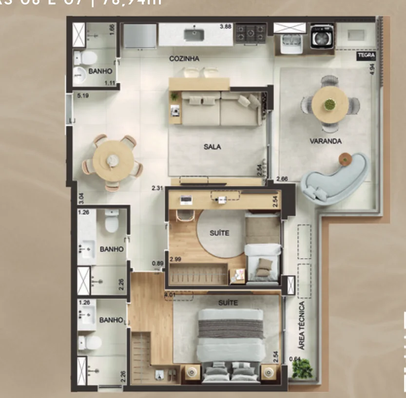 Planta de 2 quartos, colunas 06 e 07, 76,94 m² — Kronos by Tegra