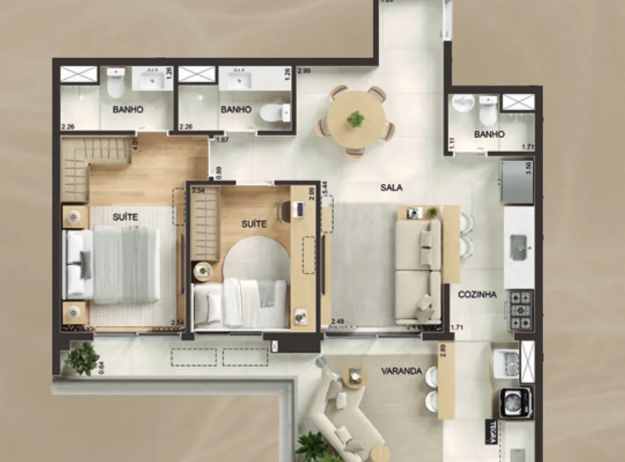 Planta de 2 quartos, coluna 08, 80,63 m² — Kronos by Tegra