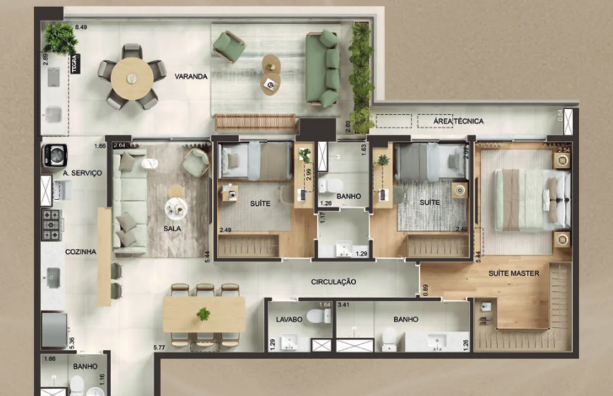 Planta de 3 suítes, colunas 03 e 04, 120,09 m² — Kronos by Tegra