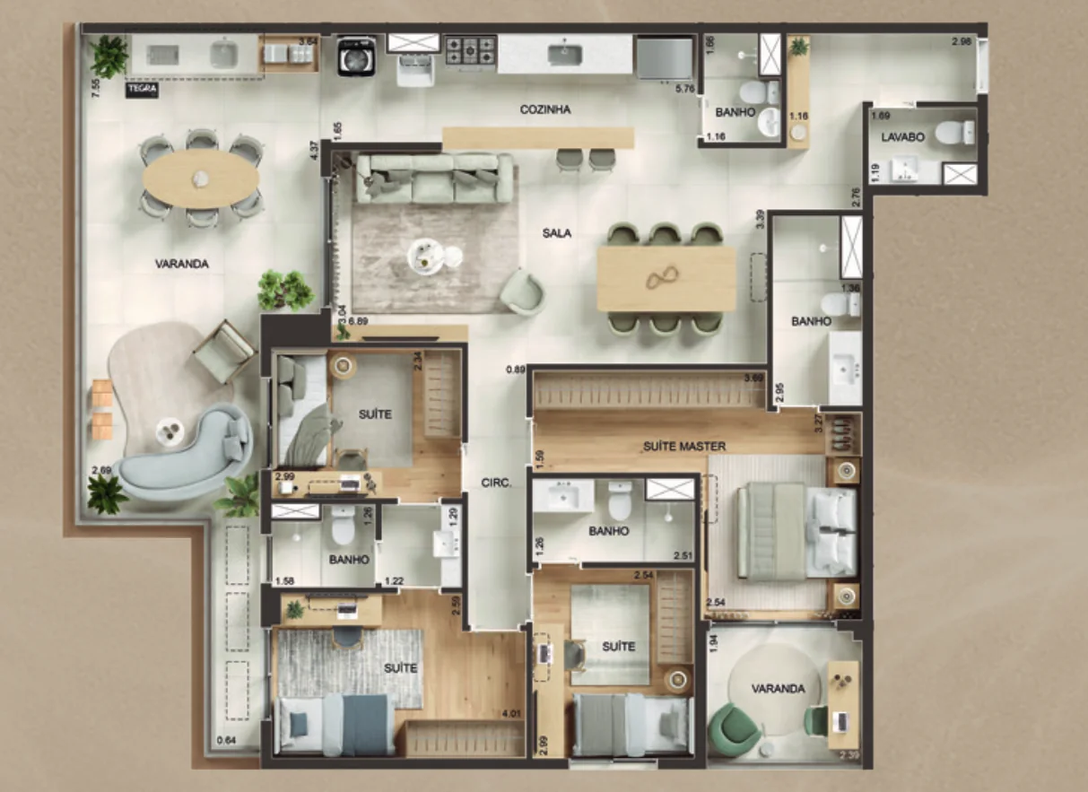 Planta de 4 suítes, colunas 01 e 02, 146,71 m² — Kronos by Tegra